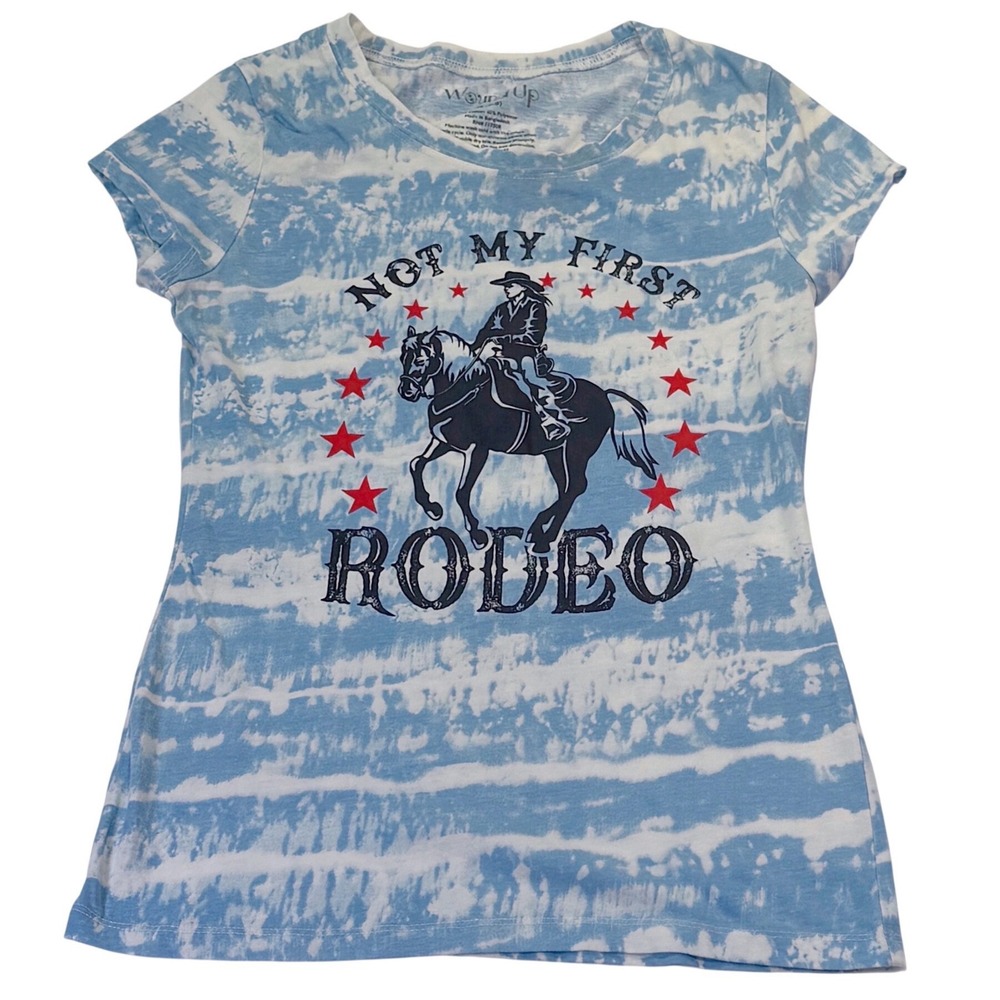 Wound Up Juniors Blue Tie Dyed Not My First Rodeo Western T-shirt Medium 1102A2